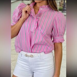 Pink Striped Ruffle-Trim Puff Sleeve Top